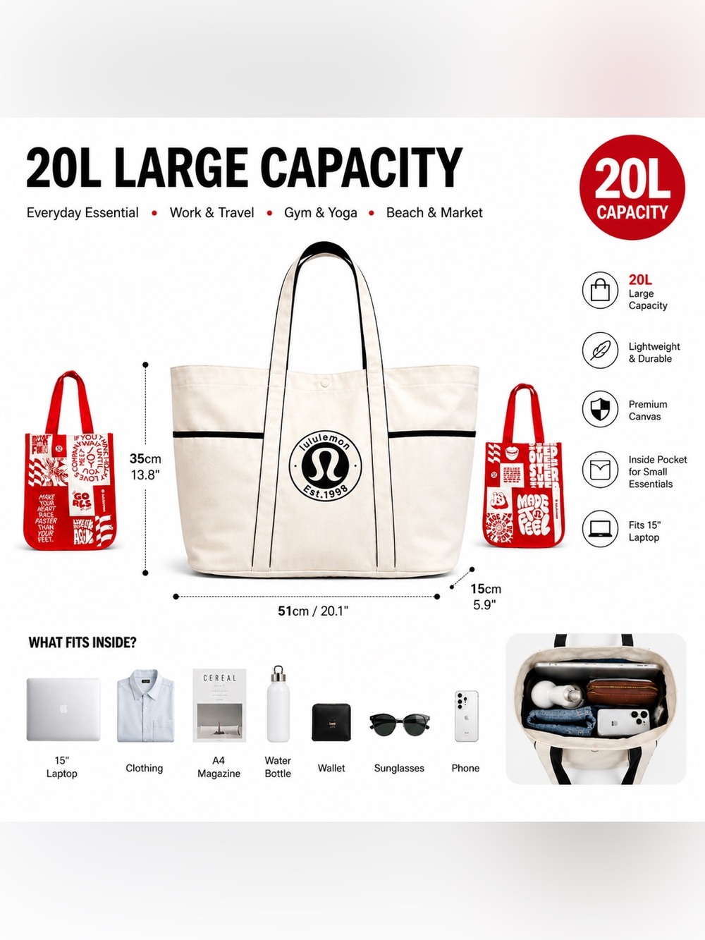 Lululemon Tote Bundle – Brand New 20L Bag +  Brand New 2 Reusable Bags